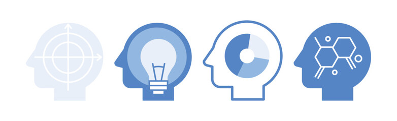 Blue Head with Brain as Icon of Imagination and Mind Power Vector Set