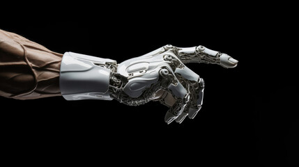 Fototapeta na wymiar White robotic fist in dynamic bump with human exuding expertise