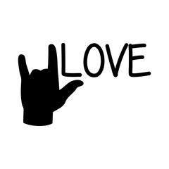 Silueta de mano gesticulando signo de amor con texto Love