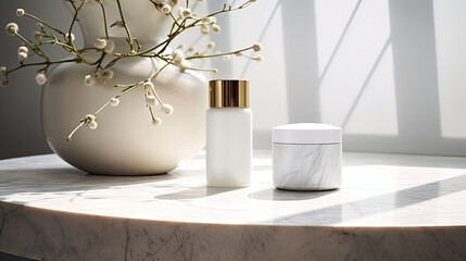 White marble podium with elegant lines for home fragrance display