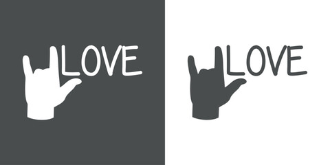 Silueta de mano gesticulando signo de amor con texto Love