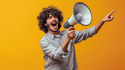 Man is shouting into a megaphone