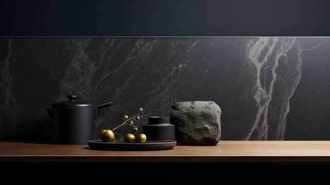 Matte black granite podium subtly lit for luxury kitchen items
