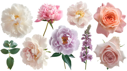 Soft pastel peonies and roses flowers collection isolated on a white background,