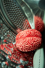 Red Rubber Brain Inside a Washing Machine, Brainwashing Concept.