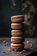 Fototapeta na wymiar Chocolate macarons stack, perfect for culinary and dessert themes. 