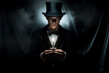 Captivating Magician with top hat scene. Show retro party trick performer. Generate Ai