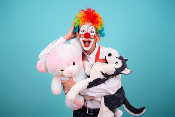 Funny clown and different situations. Happy boyfriend and birthday. Blue background.