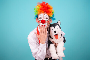 Funny clown and different situations. Happy boyfriend and birthday. Blue background.