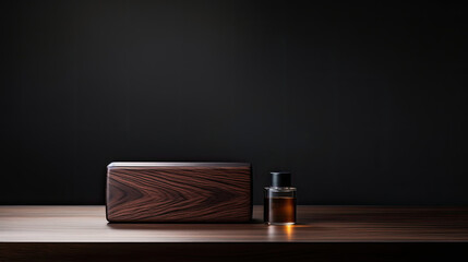 Dark walnut platform polished finish for fragrance products - obrazy, fototapety, plakaty