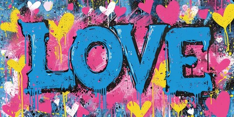 Generative AI, Colorful word Love with hearts as graffiti love symbol on the wall, street art. Melted paint.	
