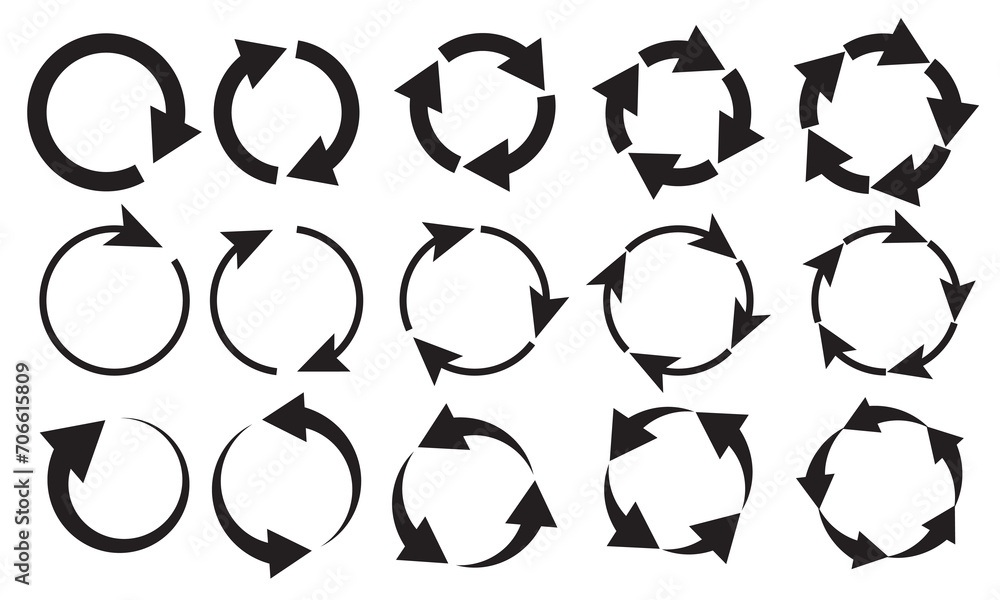 Poster circle arrows icon set. round reload sign, repeat icon, rotate arrow symbol, vector illustration web