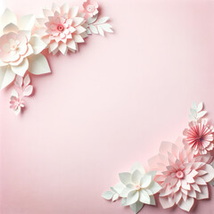 Fototapeta na wymiar Pink background for Valentine's Day decorated with paper flowers.