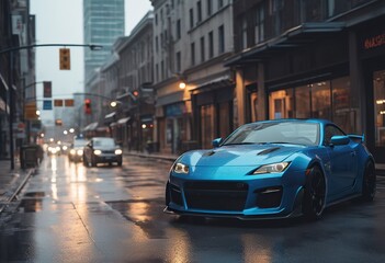 a purple and blue sports car driving down a wet street - obrazy, fototapety, plakaty