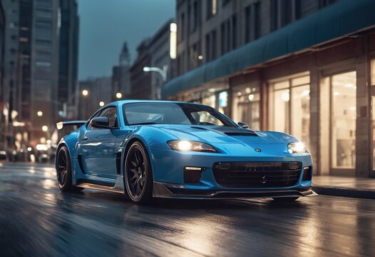 a purple and blue sports car driving down a wet street
