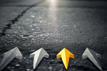 Conceptual illustration of leadership and business growth. Gray asphalt background with a yellow arrow rising above others. 5 arrows with one highlighted as a leader. Generative AI - obrazy, fototapety, plakaty