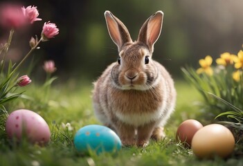 gray rabbits in the grass among colored eggs at sunset or sunrise. Spring or summer sunny day outdoors.