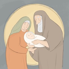 Christmas illustration of Anna and Simeon with Jesus 