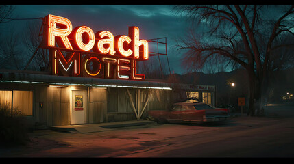 Neon sign for a roach motel - cockroach infested hotel, sleazy cheap roadside accommodation - obrazy, fototapety, plakaty