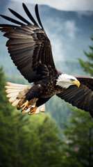 Obraz premium Bald eagle, Haliaeetus leucocephalus, in flight with nature background