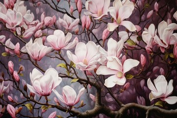 Radiant Magnolia blooming flowers. Pink blossom plant. Generate Ai