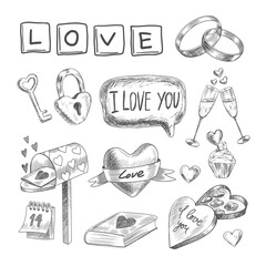 Set of Valentines day design elements. Hand drawn speech bubble, old school heart with ribbon, mailbox, hearts, wedding rings, heart-shaped lock and key, book, champagne flutes, box of chocolates