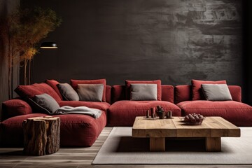 Living Room With Red Couch and Coffee Table