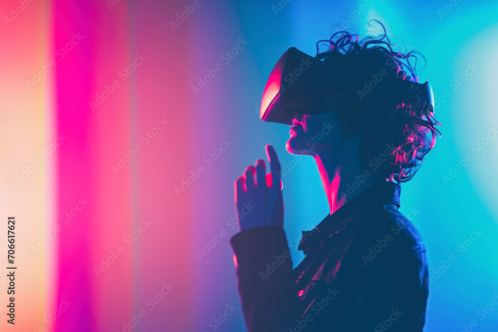 Poster virtual reality headset experience, an immersive image featuring a person using a virtual reality he