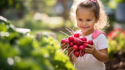little child holding fresh red radishes, a snapshot of healthy, organic goodness straight from the domestic garden.