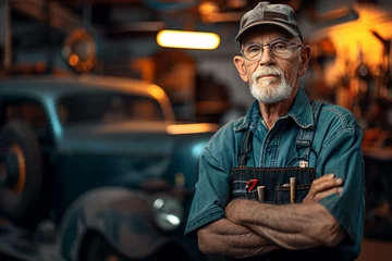 Gordijnen vintage car mechanic, classic garage setting © Marco Attano