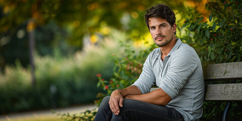 Naklejka na ściany i meble man in casual attire, light grey henley shirt, dark denim jeans, sitting on a park bench