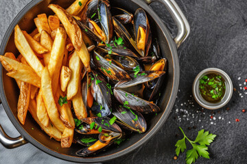 A pot of moules frites, a classic Belgian dish pairing succulent mussels with crispy fries