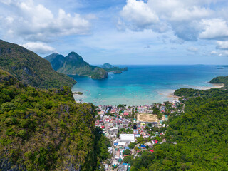 Philippines Aerial View. El Nido Town and Beach. Palawan Tropical Landscape. El Nido, Palawan, Philippines. Southeast Asia.