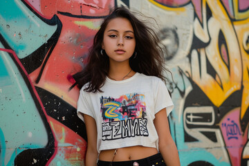 young woman, oversized white graphic tee, high-waisted black shorts, vibrant city mural backdrop