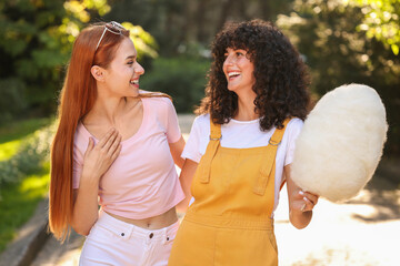 Happy friends with cotton candy in park on sunny day