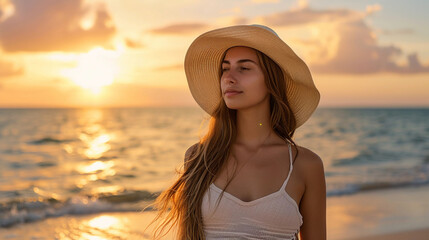 Summer beach portrait, breezy attire with wide-brimmed hat, standing at shoreline, golden hour lighting