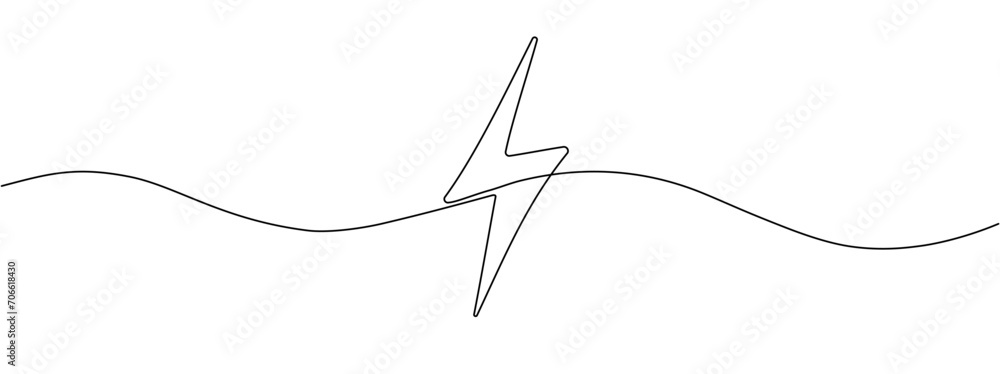 Poster lightning line continuous pattern. power up electricity icon template concept. one line lightning ve