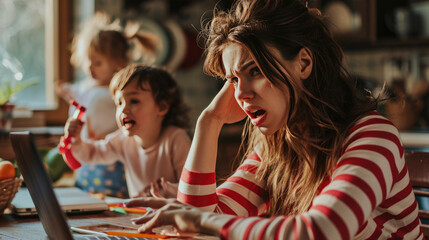 Stressed woman sitting at a table in front of a laptop, holding her head in her hands, with children in the background, reflecting the challenges of balancing work and childcare at home.