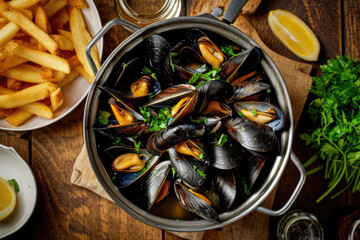 A pot of moules frites, a classic Belgian dish pairing succulent mussels with crispy fries