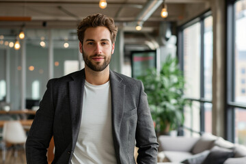 Fototapeta premium Casual business portrait, individual in a smart blazer and t-shirt