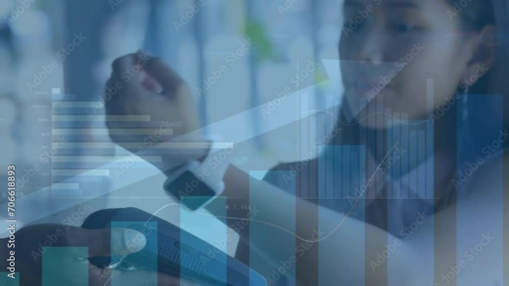 Poster animation of data processing on graphs over asian woman making contactless payment with smartwatch