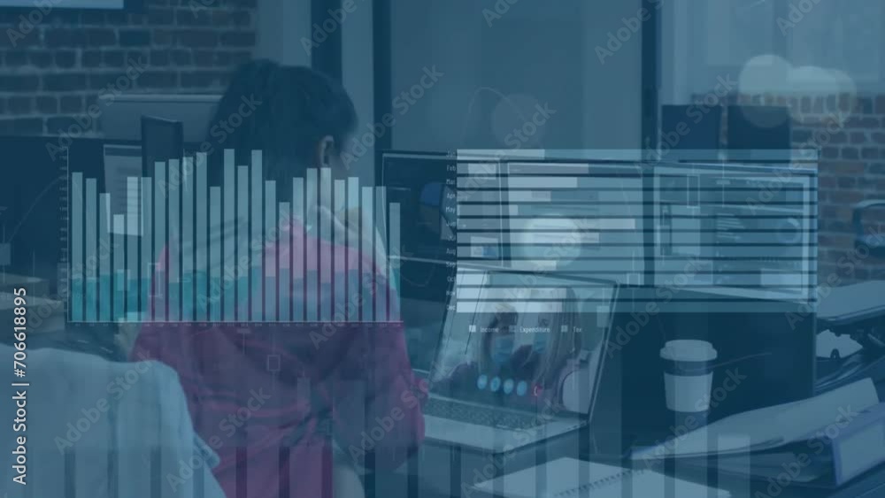 Poster animation of data processing on graphs over biracial woman having video call at desk in office