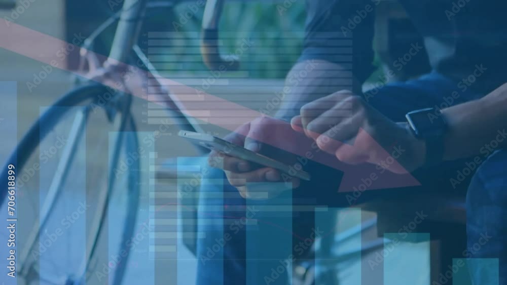 Poster animation of data processing on graphs over caucasian man using smartphone and smartwatch in street