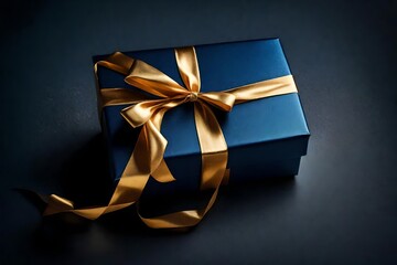 Dark blue gift box with gold satin ribbon on dark background. Top view of birthday gift with copy space for holiday or Christmas present 