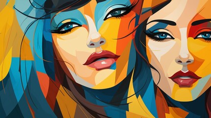 Woman faces with vibrant hues. Abstract colorful artwork wallpaper
