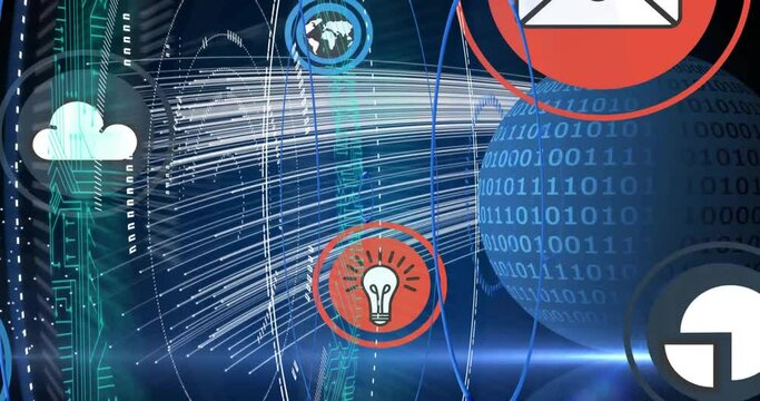 Animation of network of connections with media icons over globe and binary coding