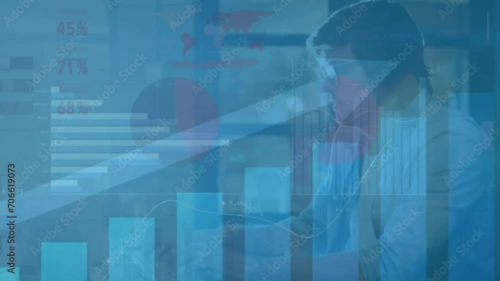 Poster animation of data processing on graphs over caucasian casual businessman working at desk