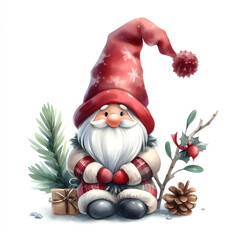 watercolor cute Christmas gnome isolated on white background