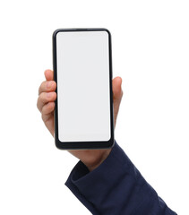 Woman holding smartphone with blank screen on white background, closeup. Mockup for design