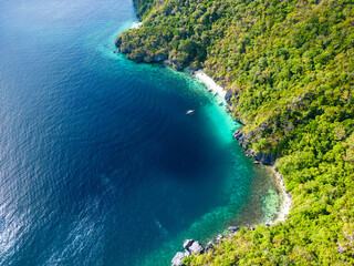 Seven Commandos Beach. Palawan Tropical Landscape. Aerial View. El Nido, Palawan, Philippines....